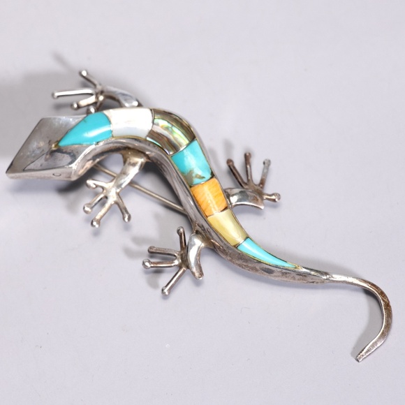 Native American Multi Gem Inlay Lizard Gecko Sterling Silver Brooch Pendant - Picture 2 of 7